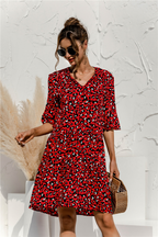 Robe courte femme à volants, col V, taille basse, rouge