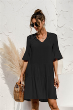 Robe courte femme à volants, col V, taille basse, noir