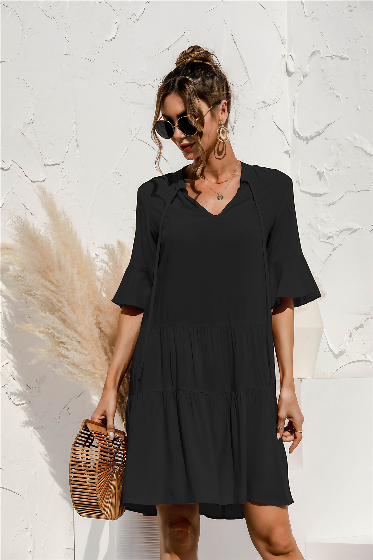 Robe courte femme à volants, col V, taille basse, noir