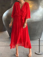 Robe longue fluide à col V, dix coloris, du S au 5XL, rouge