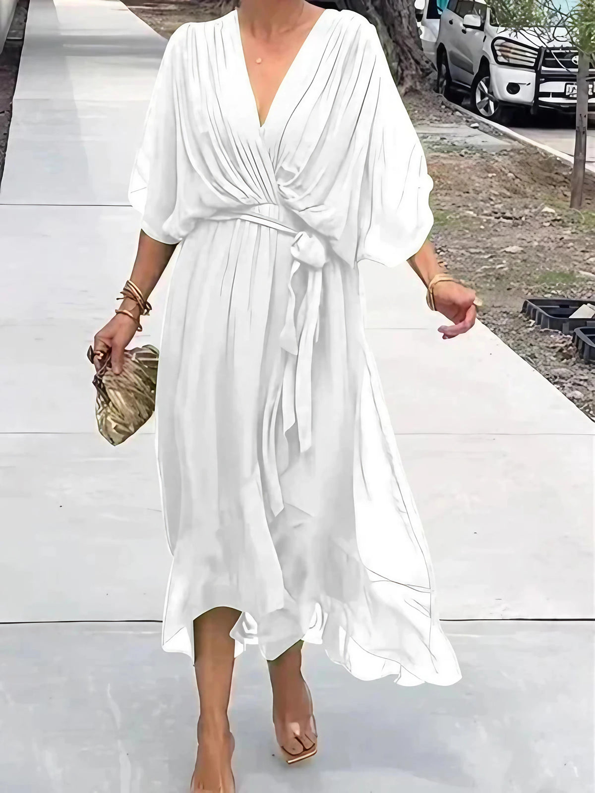 Robe longue fluide à col V, dix coloris, du S au 5XL, blanc