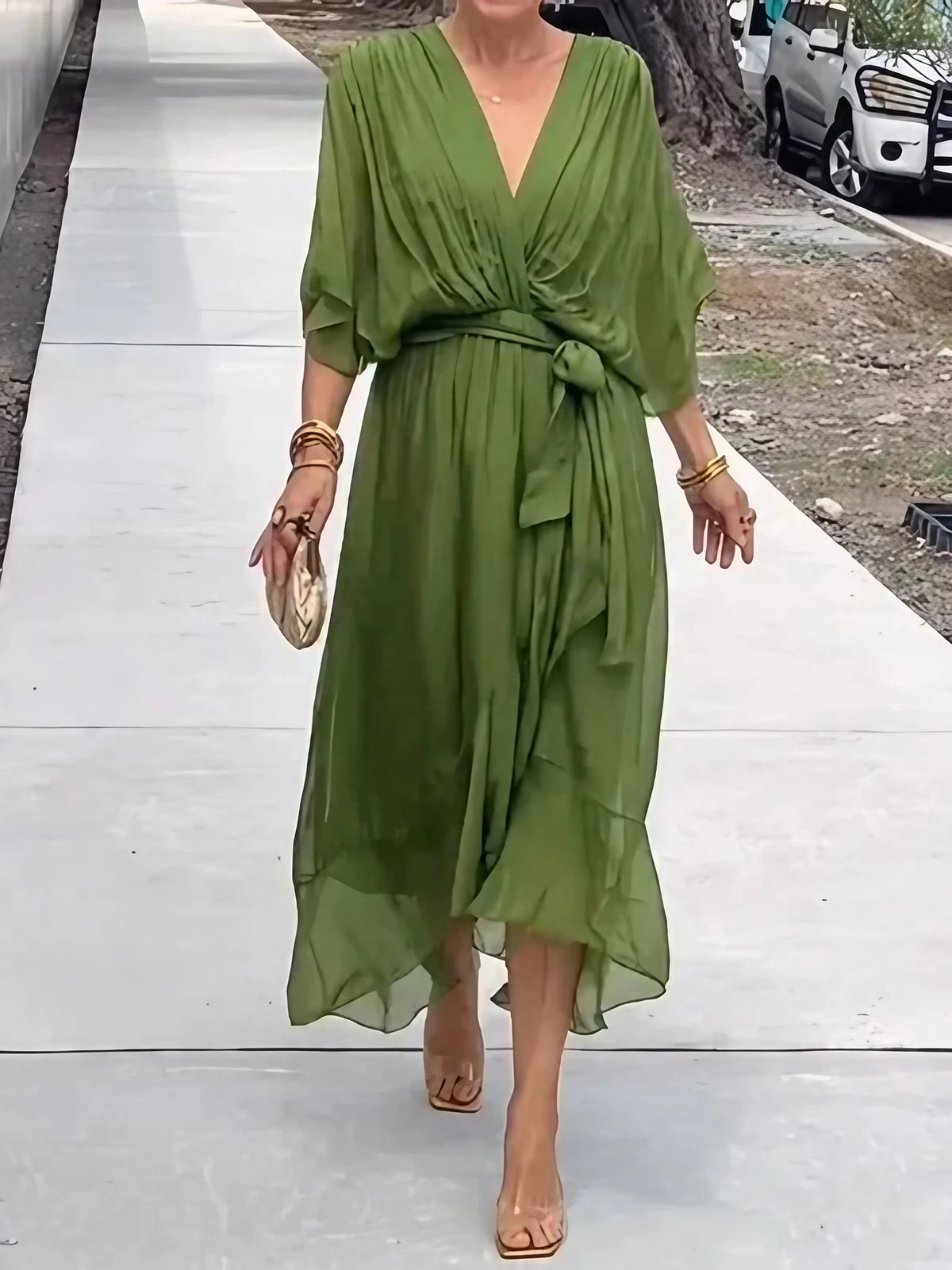 Robe longue fluide à col V, dix coloris, du S au 5XL, vert