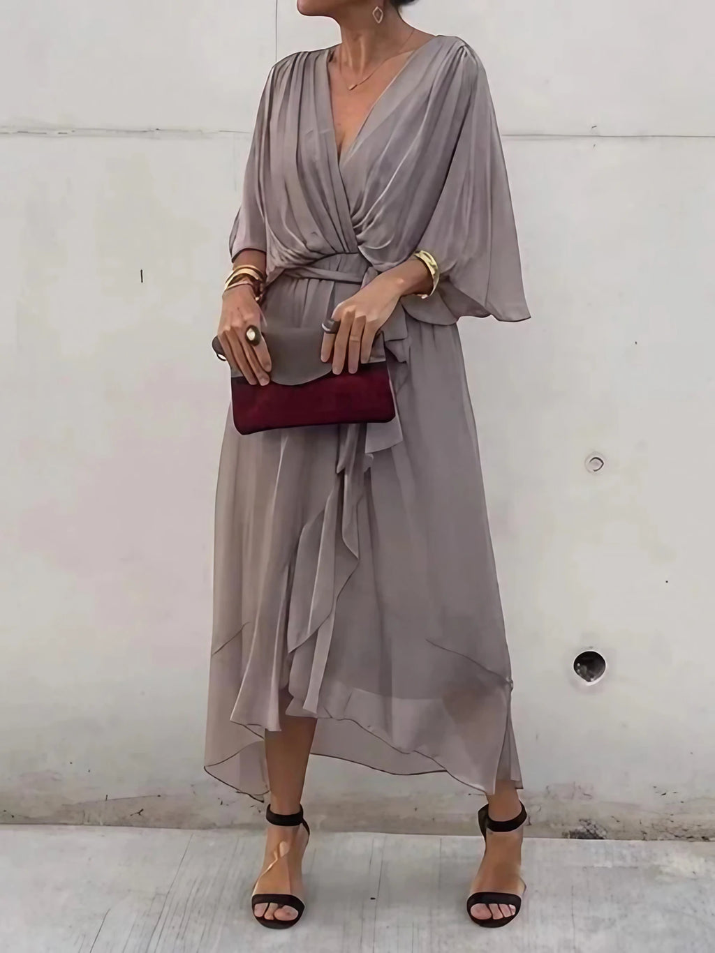 Robe longue fluide à col V, dix coloris, du S au 5XL, gris