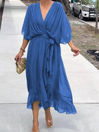 Robe longue fluide à col V, dix coloris, du S au 5XL, bleu