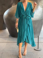 Robe longue fluide à col V, dix coloris, du S au 5XL, bleu lac