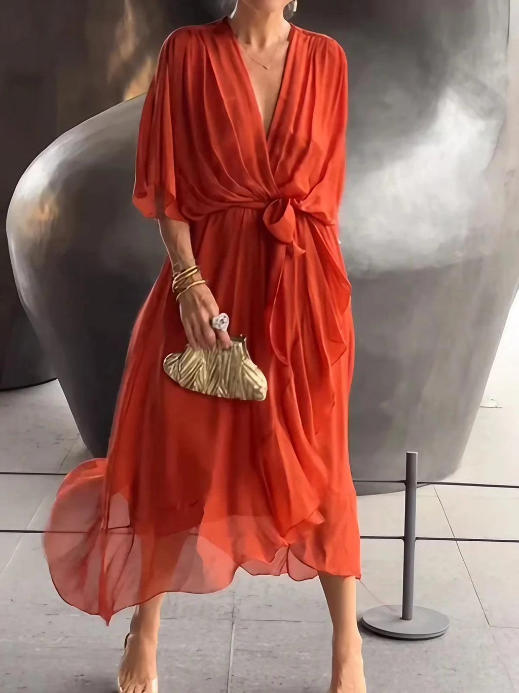 Robe longue fluide à col V, dix coloris, du S au 5XL, orange