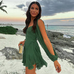 Robe courte ajustée à manches bouffantes et dos nu croisé, vert