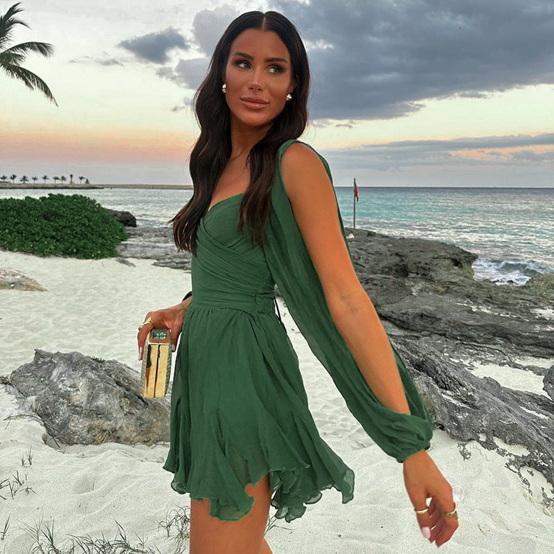 Robe courte ajustée à manches bouffantes et dos nu croisé, vert