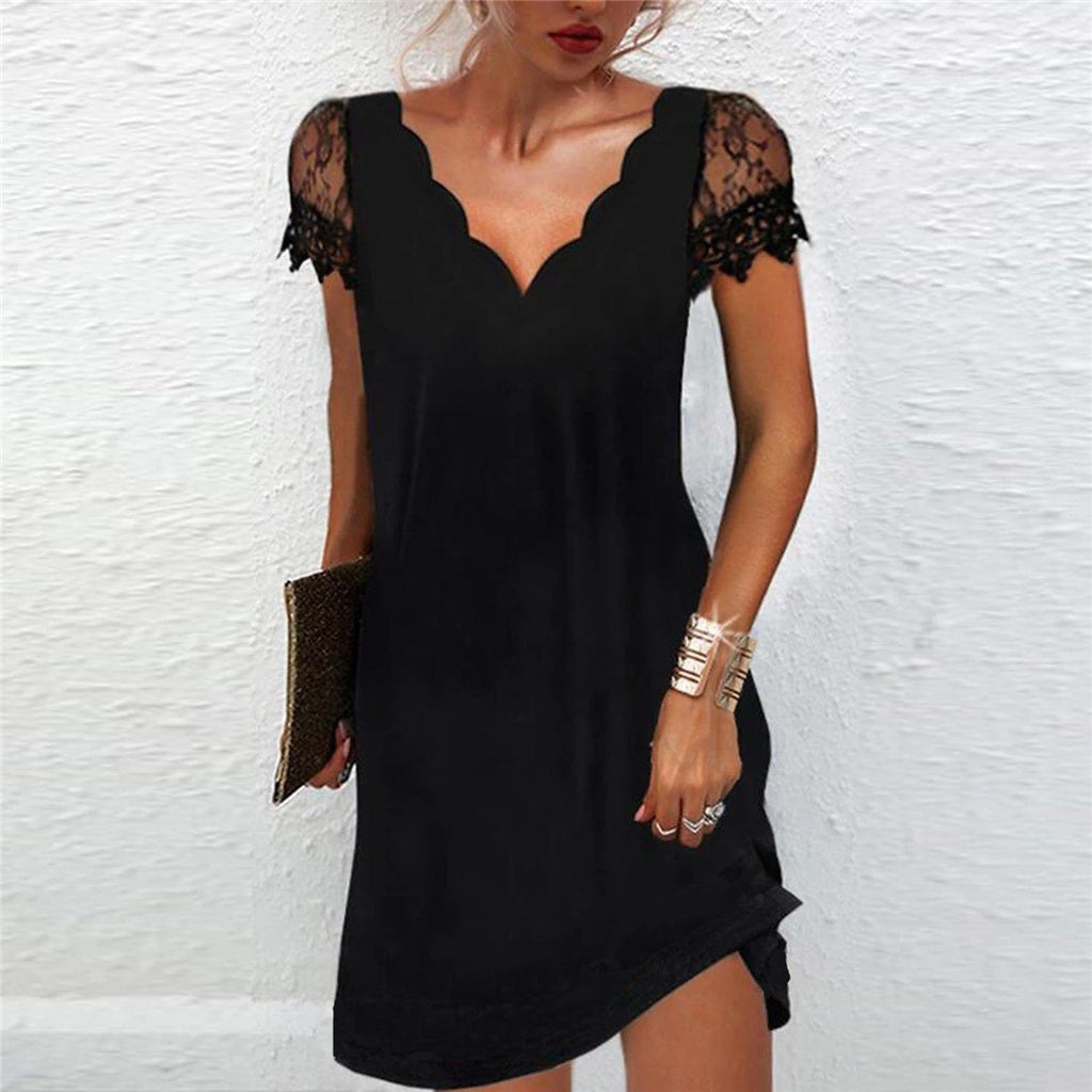 Robe courte noire col V, manches en dentelle, du S au 2XL, noir