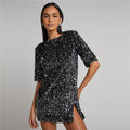 Robe à paillettes femme, fente latérale, coupe droite, noir
