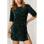 Robe à paillettes femme, fente latérale, coupe droite, vert foncé