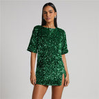 Robe à paillettes femme, fente latérale, coupe droite, vert