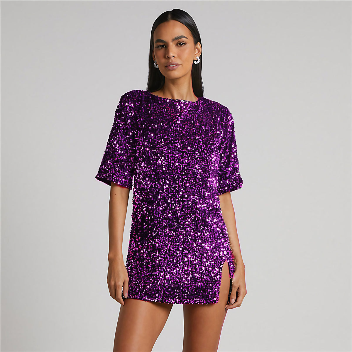 Robe à paillettes femme, fente latérale, coupe droite, pourpre