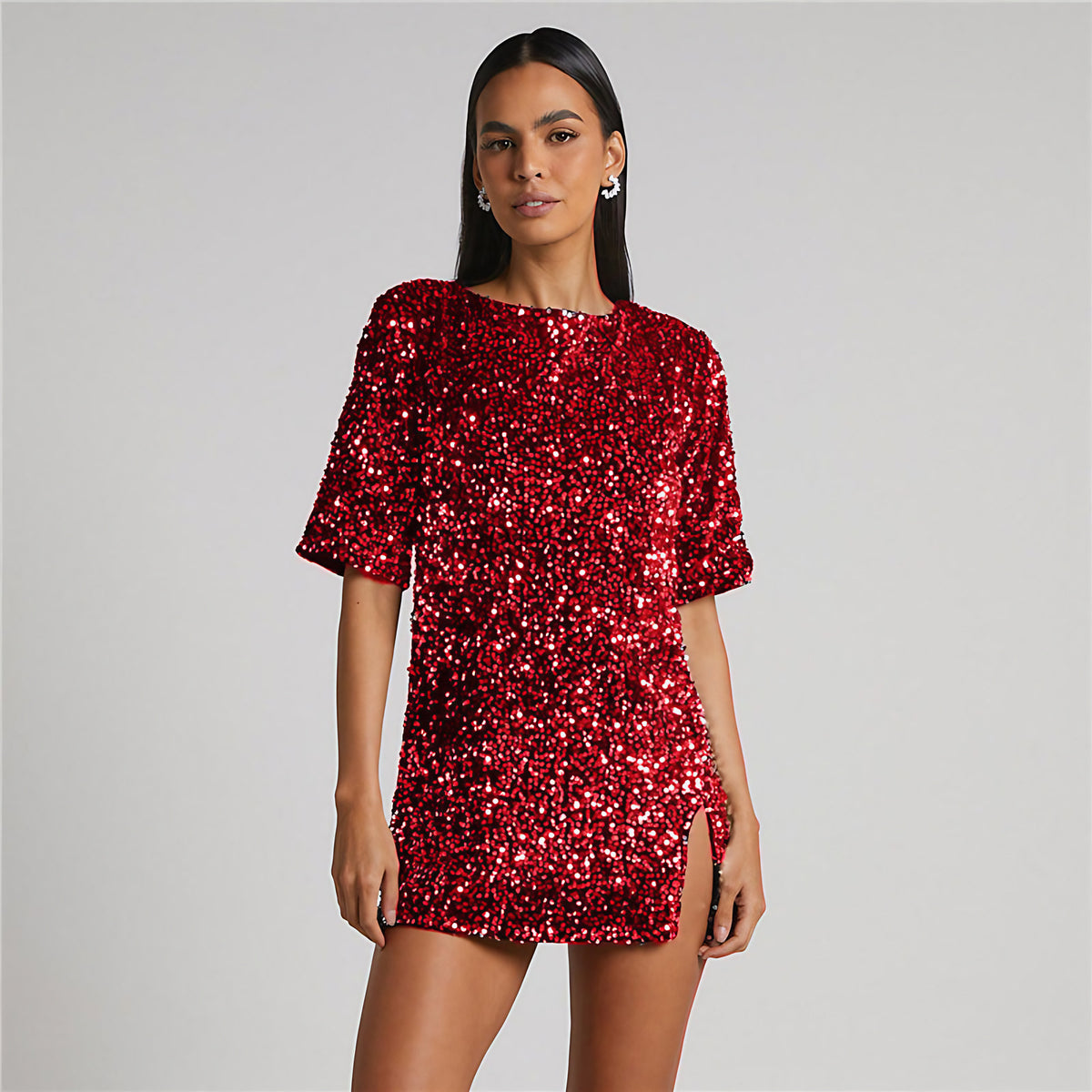 Robe à paillettes femme, fente latérale, coupe droite, rouge