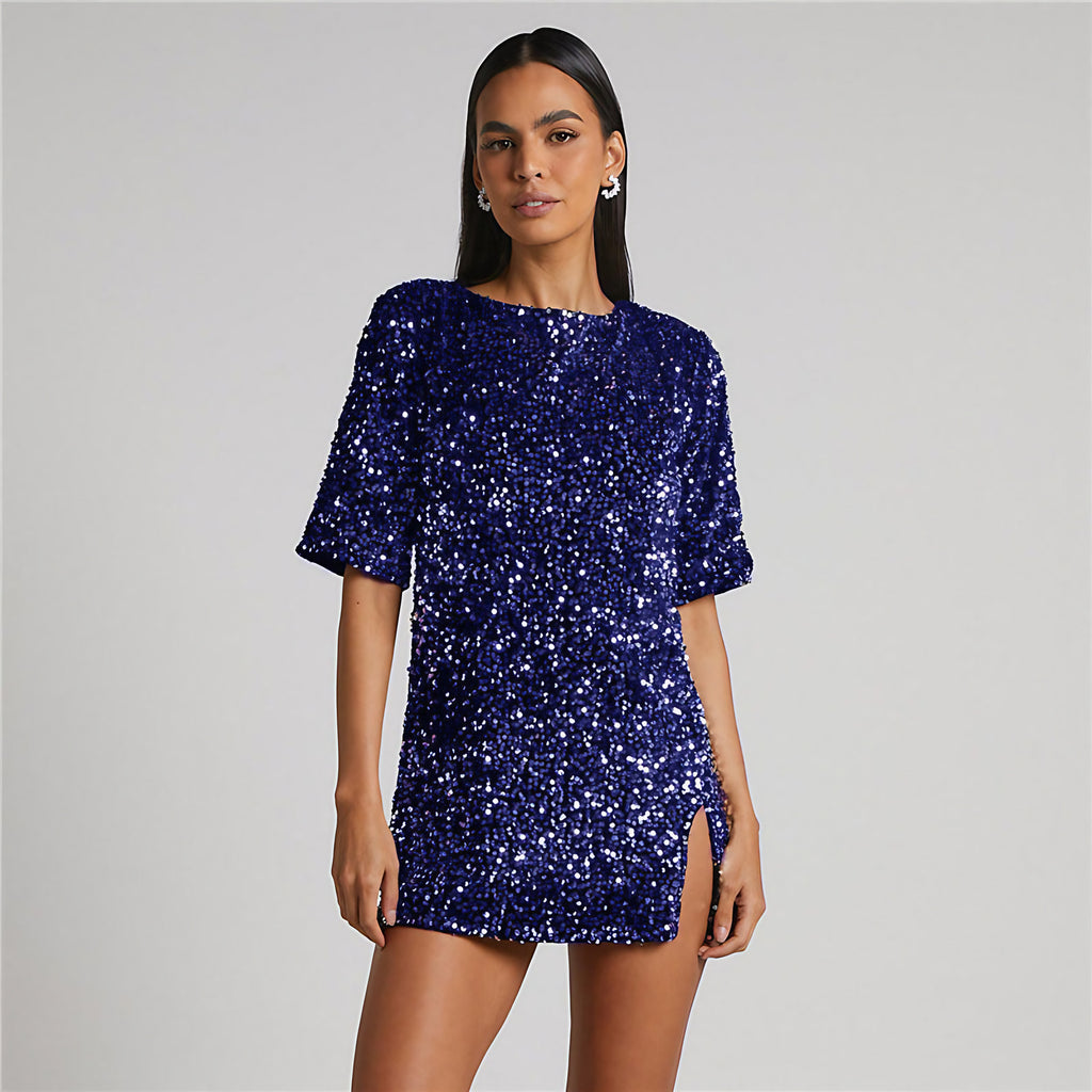Robe à paillettes femme, fente latérale, coupe droite, bleu