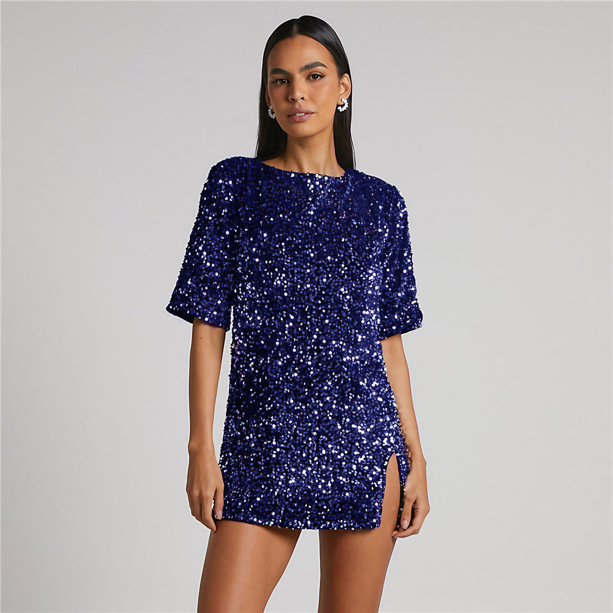 Robe à paillettes femme, fente latérale, coupe droite, bleu