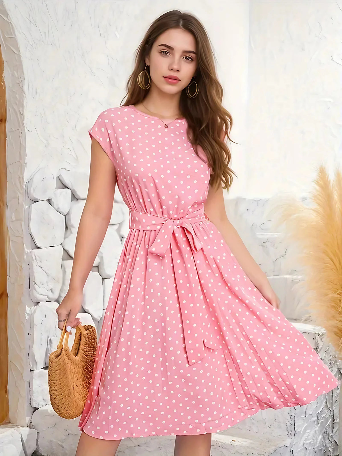 Robe plissée femme à pois, sept coloris, du S au 2XL, rose clair
