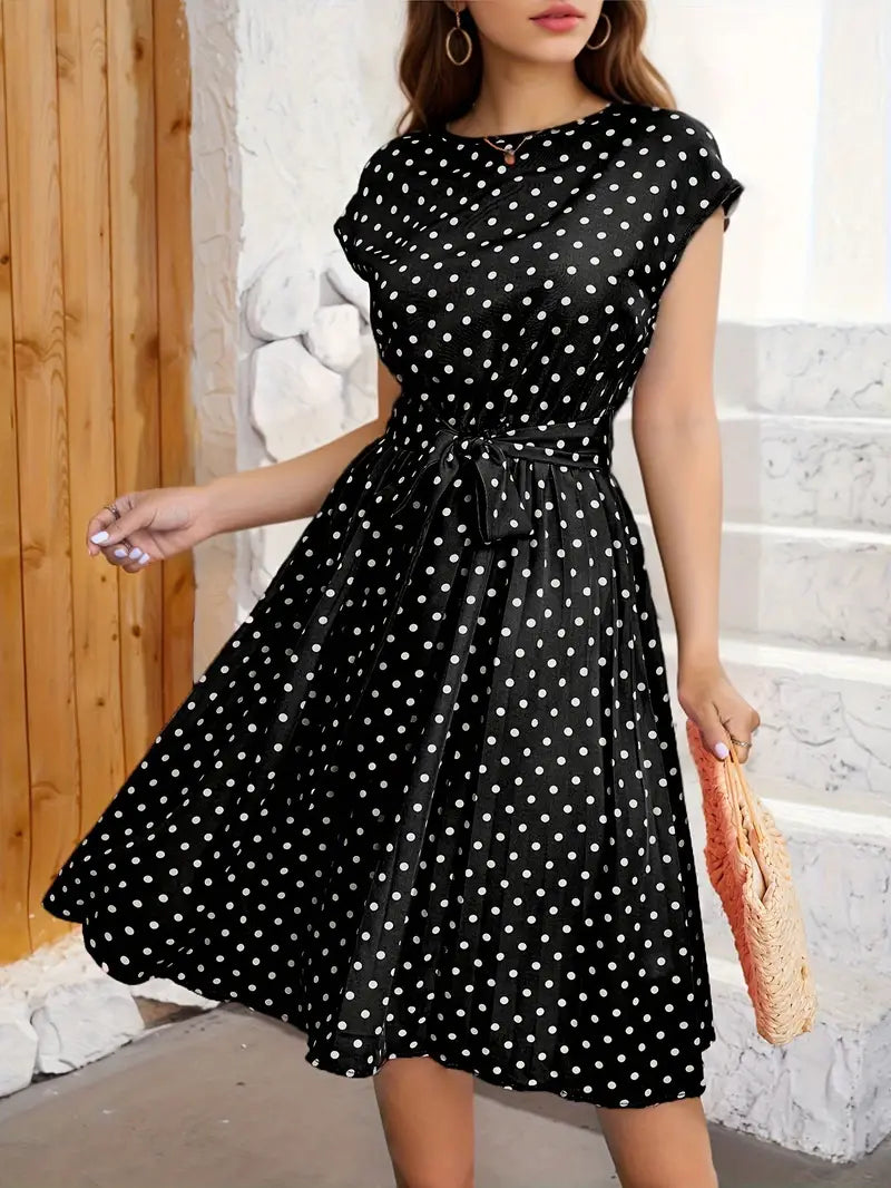 Robe plissée femme à pois, sept coloris, du S au 2XL, noir