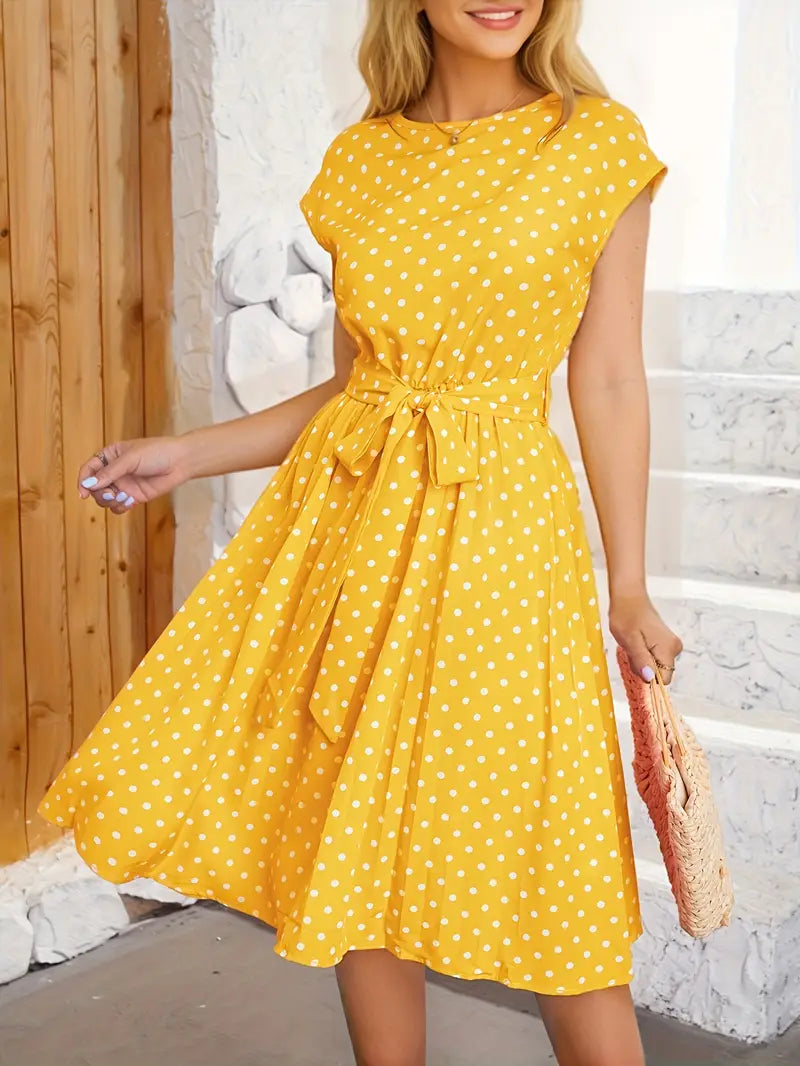 Robe plissée femme à pois, sept coloris, du S au 2XL, jaune