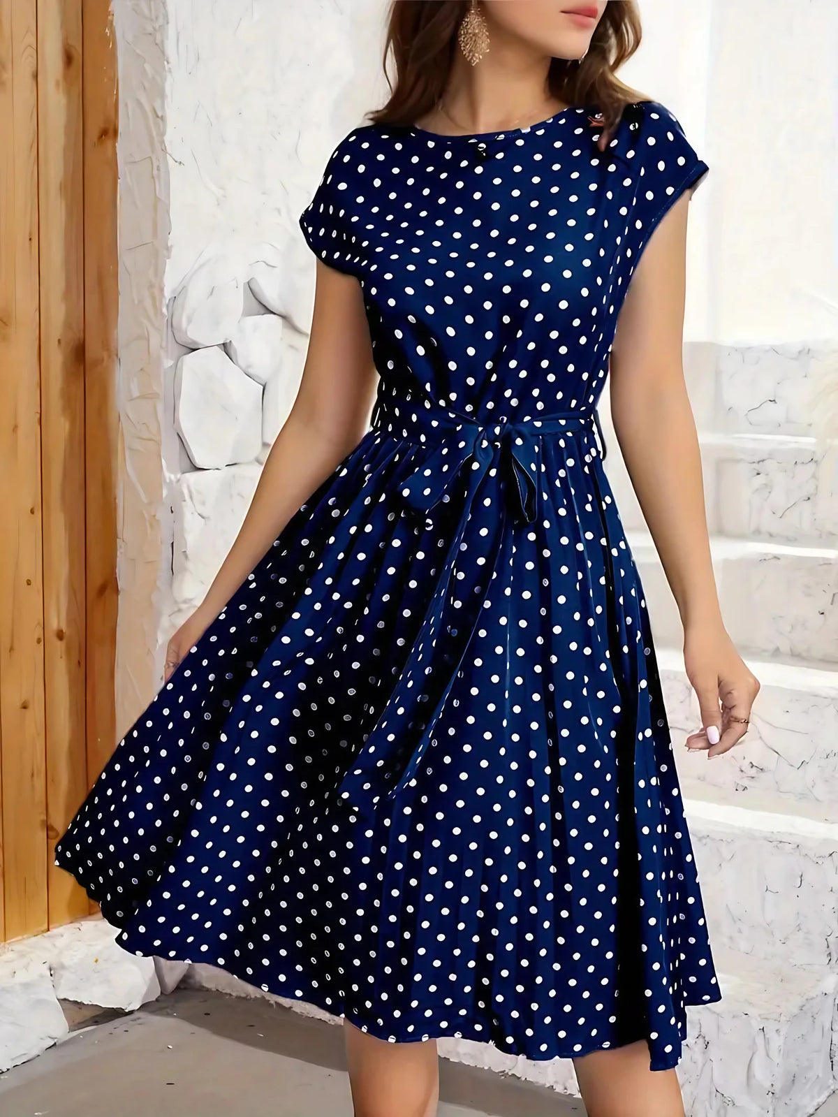 Robe plissée femme à pois, sept coloris, du S au 2XL, bleu roi