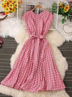 Robe plissée femme à pois, sept coloris, du S au 2XL, rose