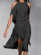 Robe midi portefeuille à épaules dénudées, ourlet asymétrique, noir