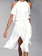 Robe midi portefeuille à épaules dénudées, ourlet asymétrique, blanc