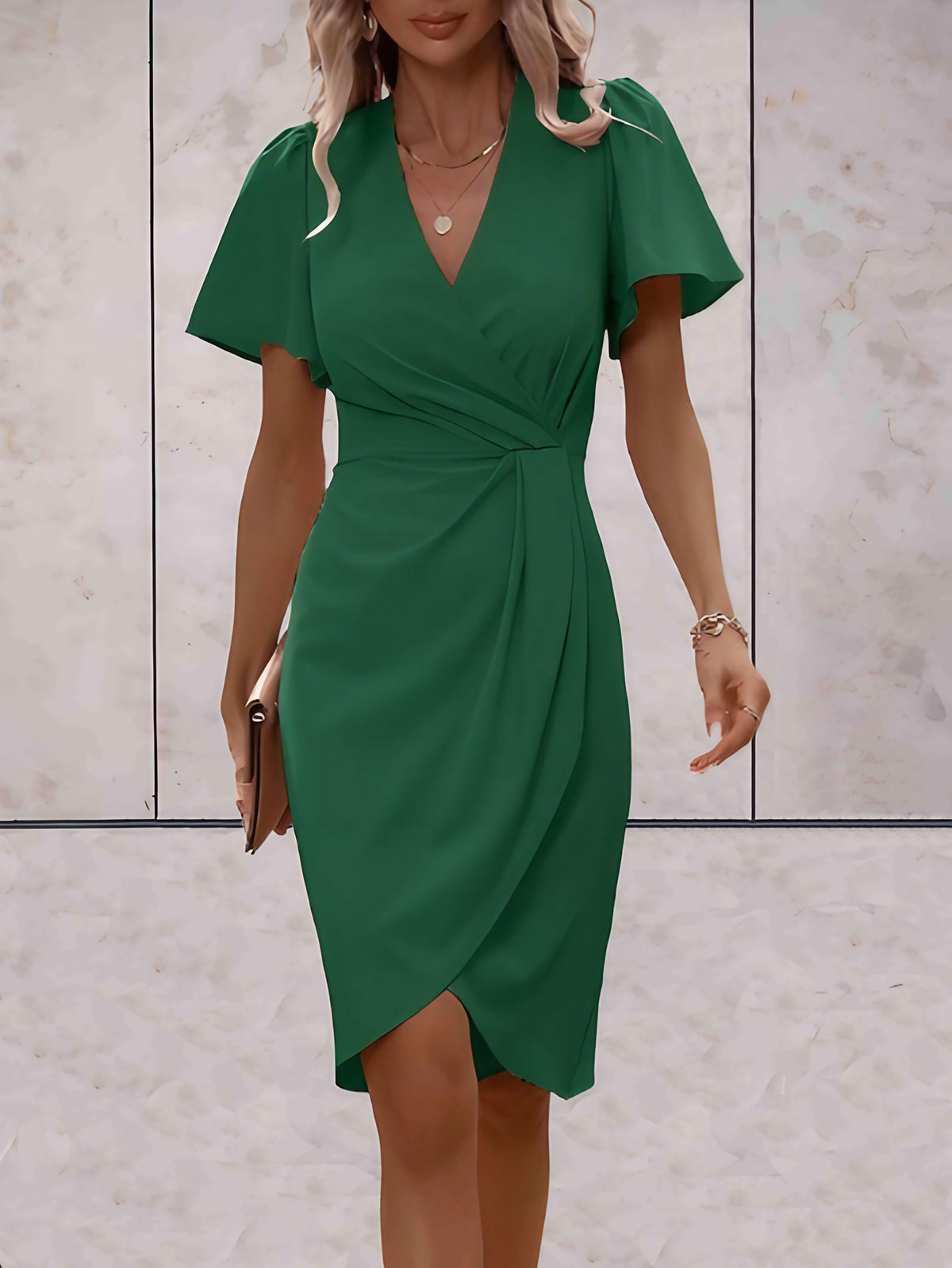 Robe portefeuille femme à col V, coupe croisée réglable, vert