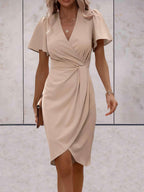Robe portefeuille femme à col V, coupe croisée réglable, beige