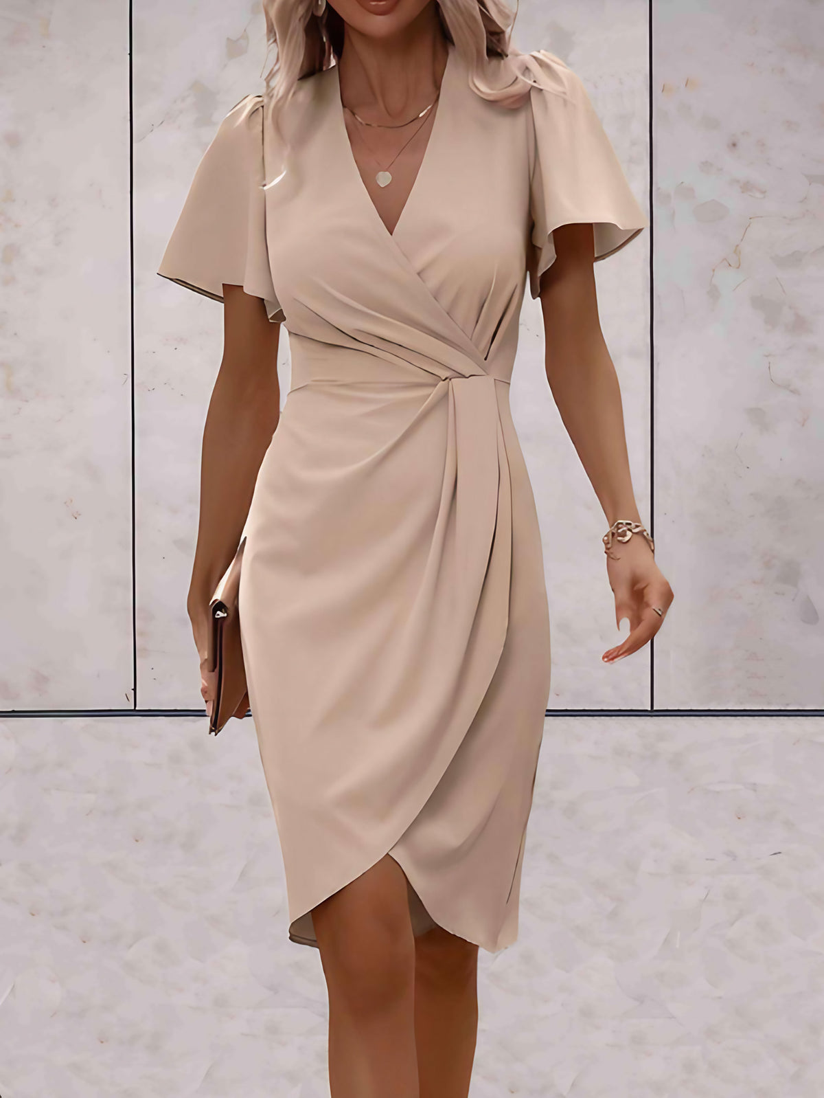 Robe portefeuille femme à col V, coupe croisée réglable, beige