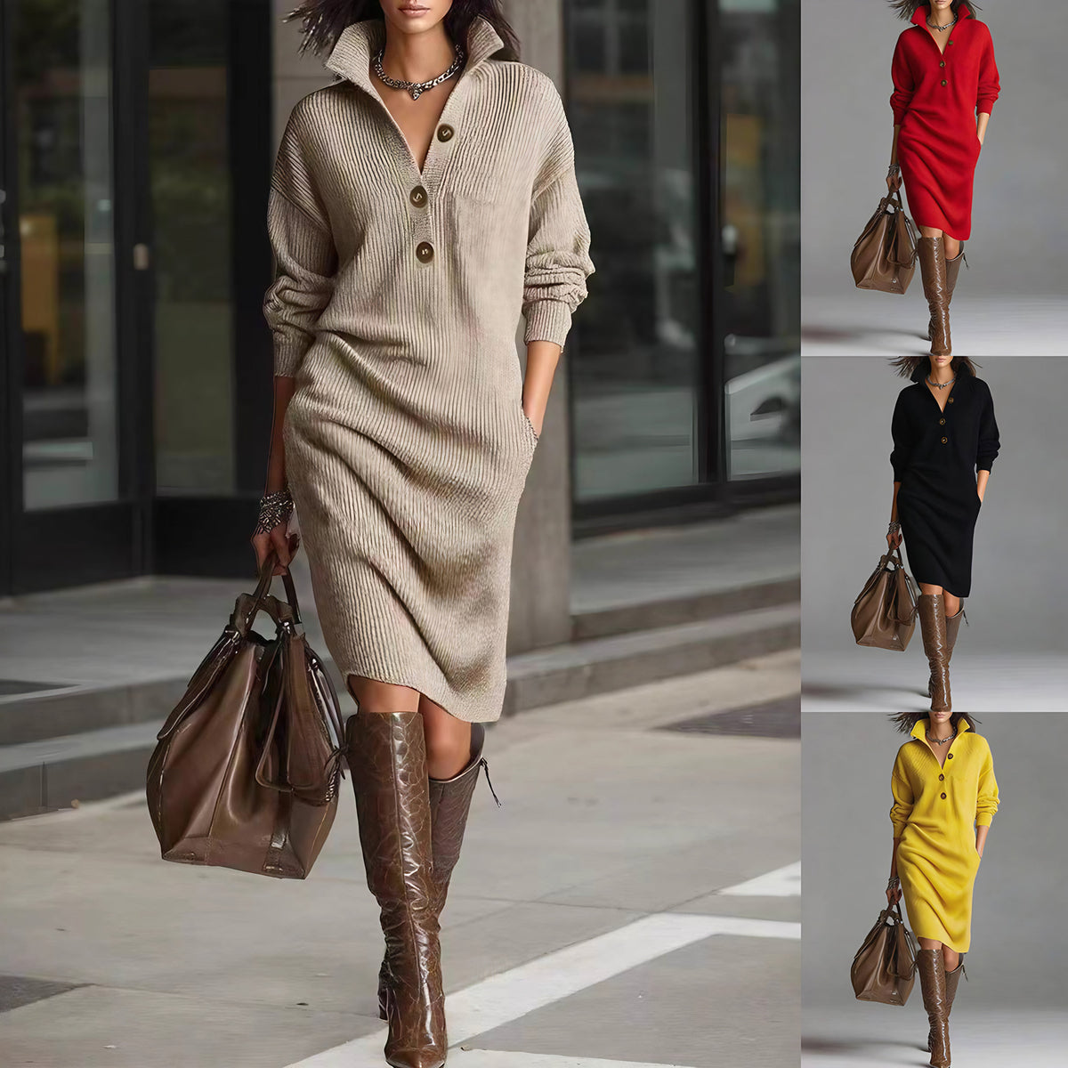 Robe pull femme col V boutonné, manches longues, du S au 3XL
