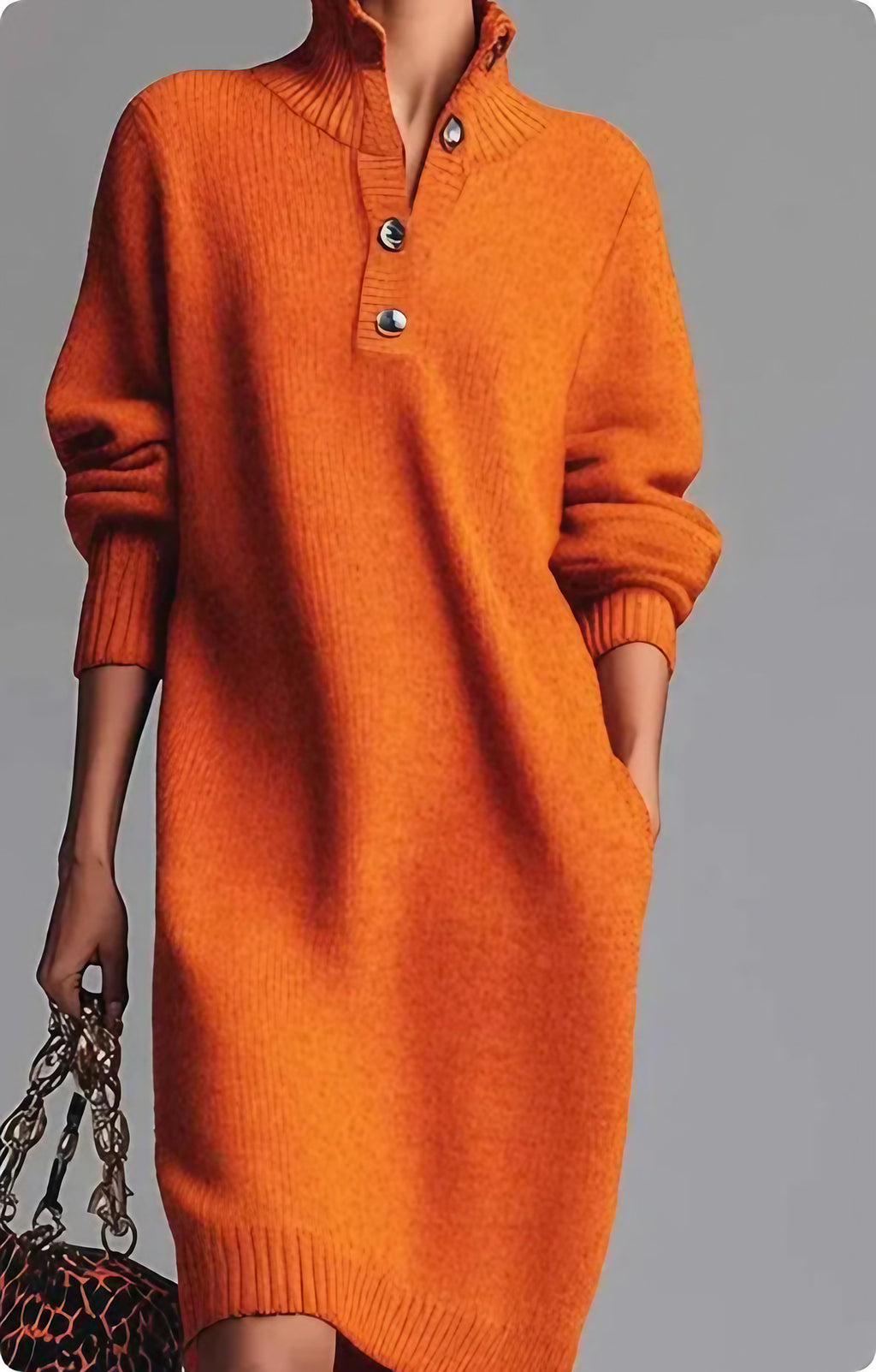 Robe pull femme col V boutonné, manches longues, du S au 3XL, orange