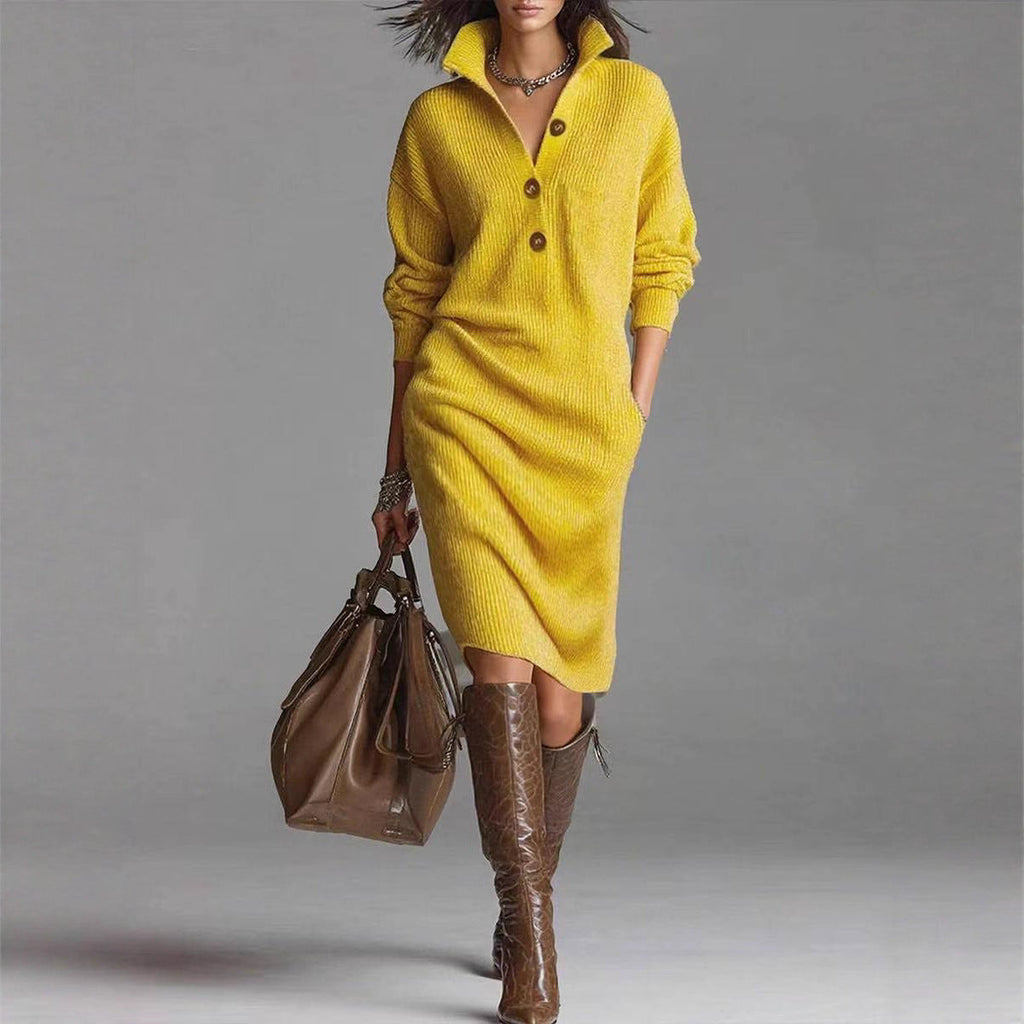 Robe pull femme col V boutonné, manches longues, du S au 3XL
