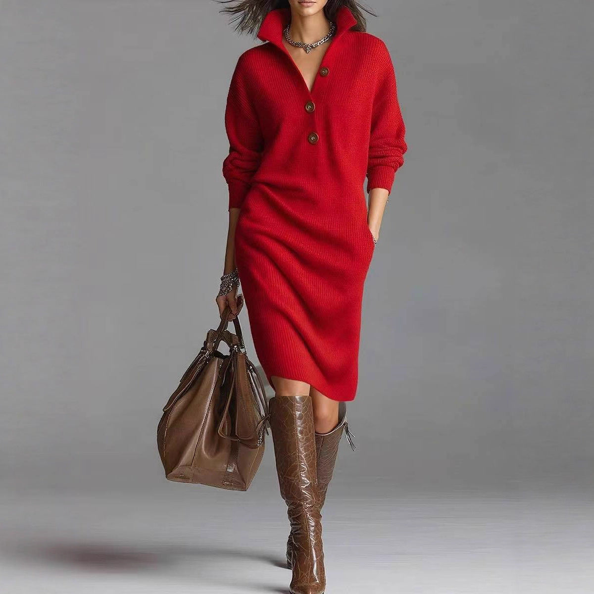 Robe pull femme col V boutonné, manches longues, du S au 3XL