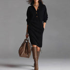 Robe pull femme col V boutonné, manches longues, du S au 3XL