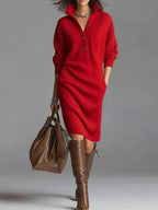 Robe pull femme col V boutonné, manches longues, du S au 3XL, rouge