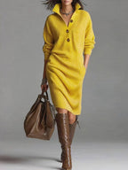 Robe pull femme col V boutonné, manches longues, du S au 3XL, jaune