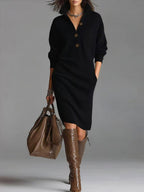 Robe pull femme col V boutonné, manches longues, du S au 3XL, noir