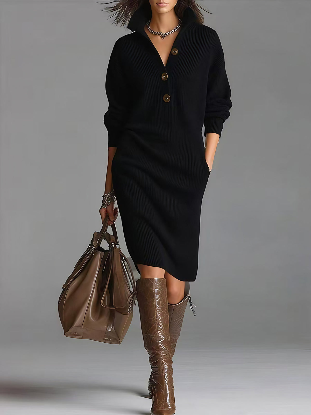 Robe pull femme col V boutonné, manches longues, du S au 3XL, noir