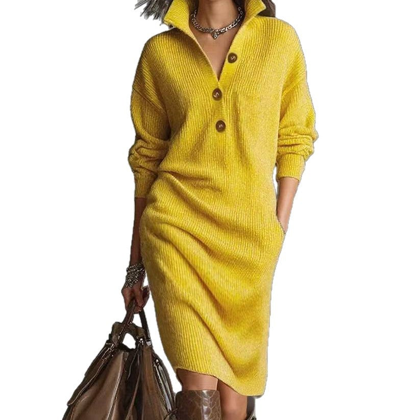 Robe pull femme col V boutonné, manches longues, du S au 3XL