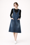 Robe salopette en jean femme, longue, bretelles réglables et poches, bleu foncé