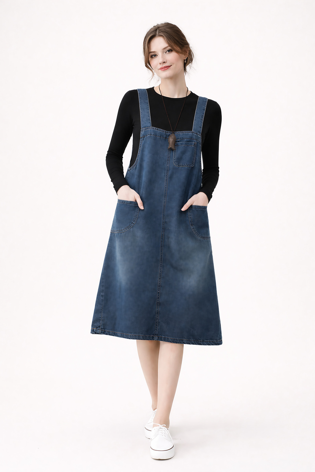 Robe salopette en jean femme, longue, bretelles réglables et poches, bleu foncé
