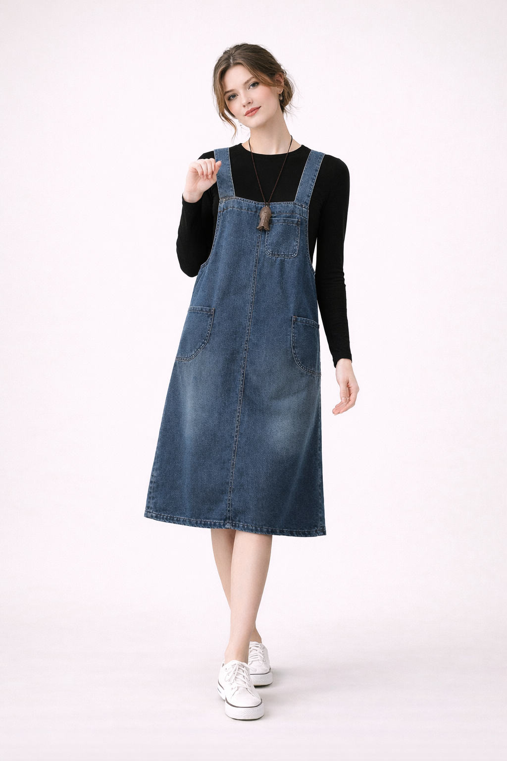 Robe salopette en jean femme, longue, bretelles réglables et poches