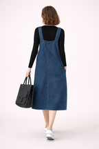 Robe salopette en jean femme, longue, bretelles réglables et poches