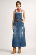 Robe salopette midi femme à bretelles réglables et poches, bleu
