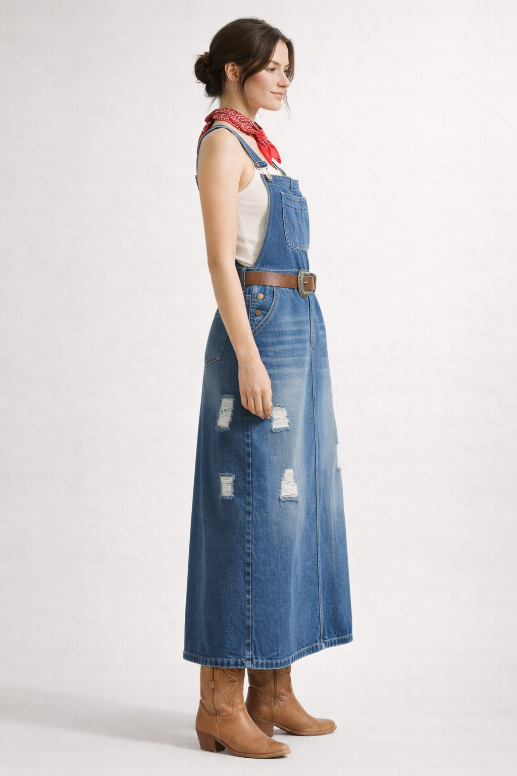 Robe salopette midi femme à bretelles réglables et poches