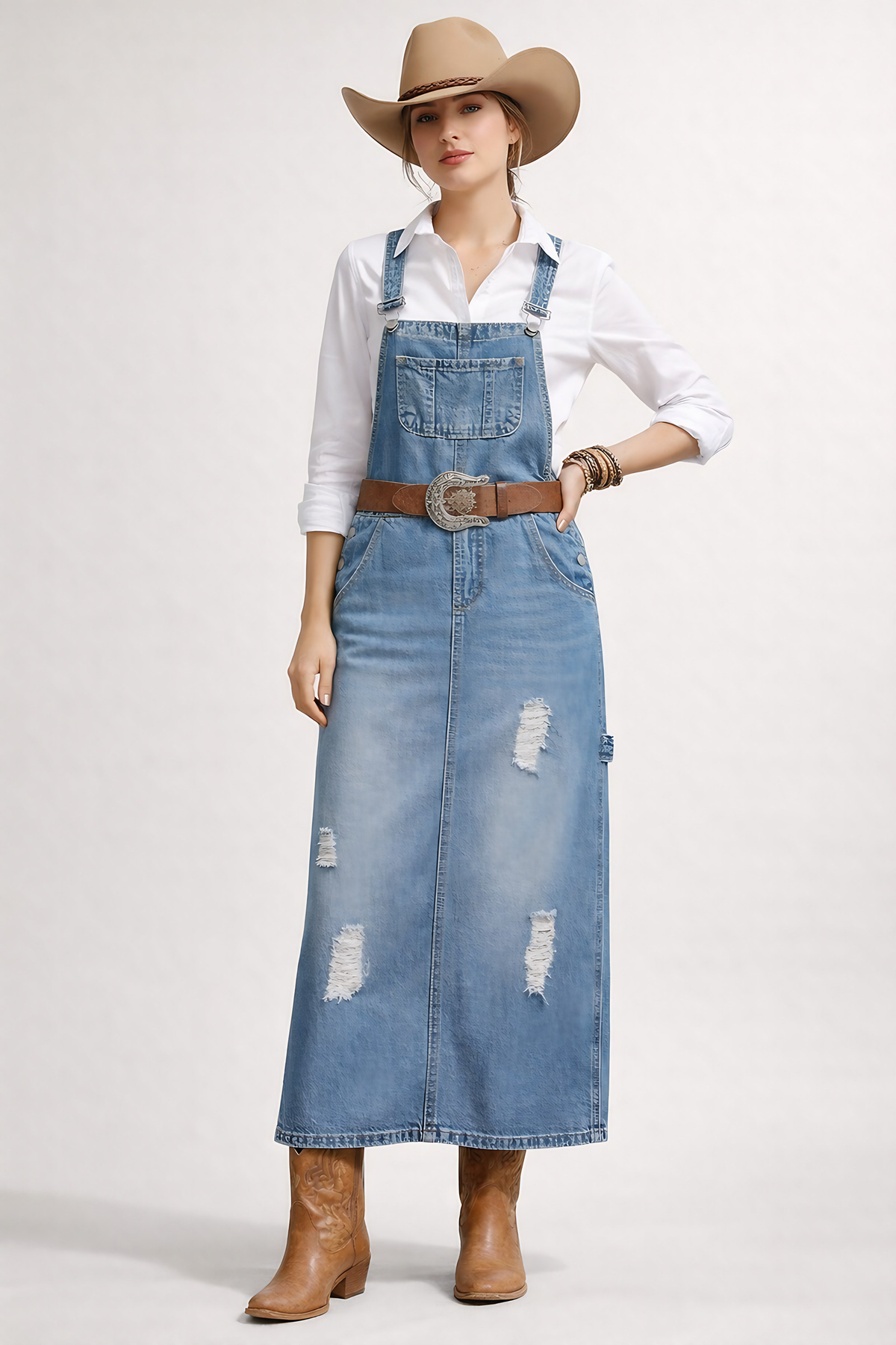 Robe salopette midi femme à bretelles réglables et poches, bleu clair