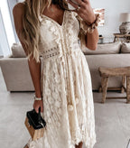 Robe nuisette femme col V à dentelle, blanc ou beige, 32 au 50