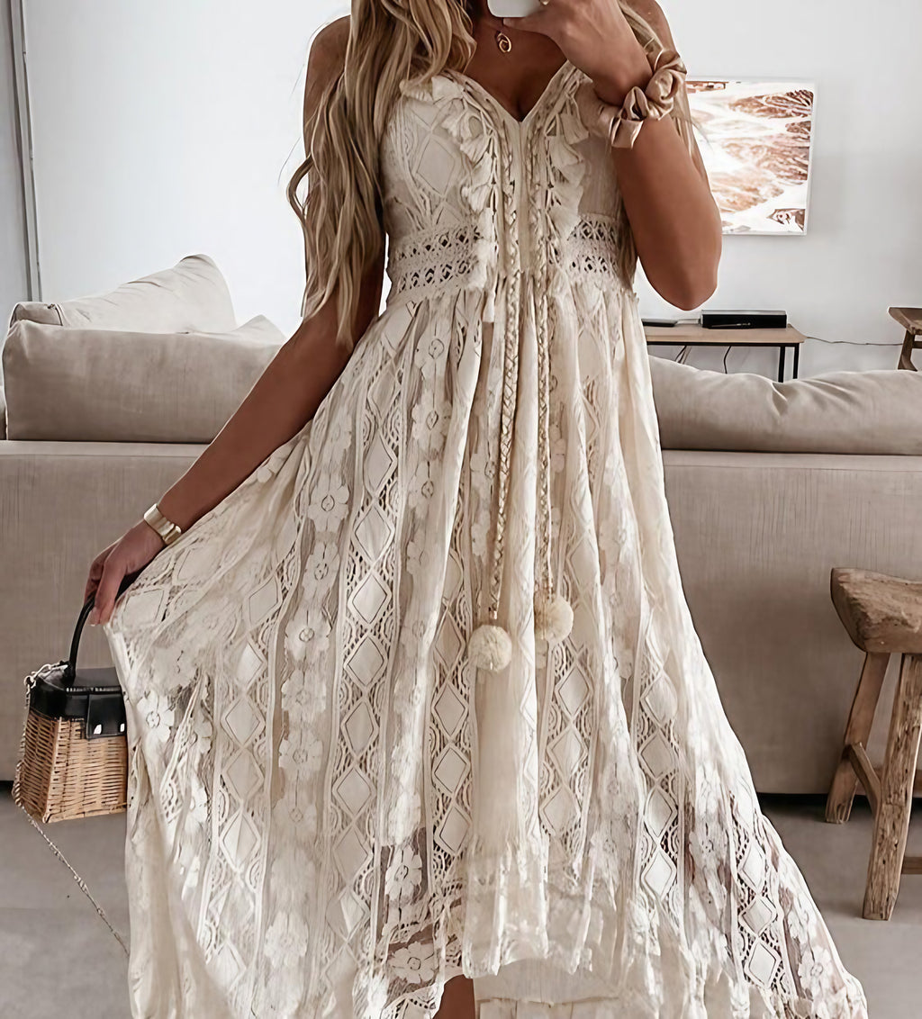 Robe nuisette femme col V à dentelle, blanc ou beige, 32 au 50, beige