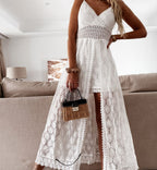 Robe nuisette femme col V à dentelle, blanc ou beige, 32 au 50